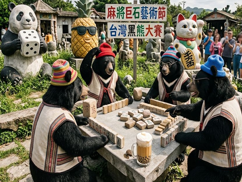 台北大安森林公園麻將巨石,台北麻將巨石藝術節,台灣黑熊超級名模生死鬥,台灣熊愛打麻將,台灣黑熊打麻將,熊掌摸牌,國寶熊界雀聖,大安森林公園揪團打牌